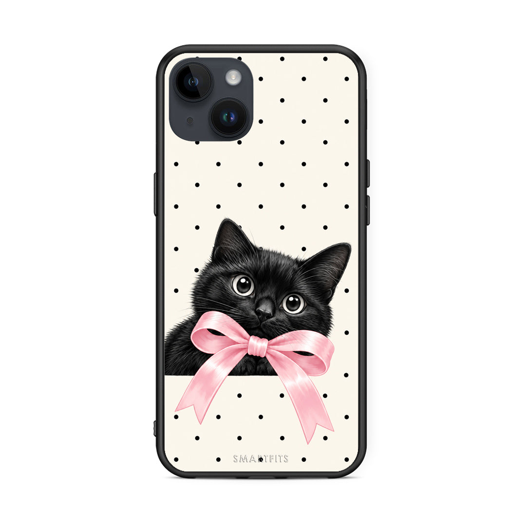 Θήκη iPhone 14 Plus Black Kitten Pink Bow and Polka Dots από τη Smartfits με σχέδιο στο πίσω μέρος και μαύρο περίβλημα | iPhone 14 Plus Black Kitten Pink Bow and Polka Dots case with colorful back and black bezels