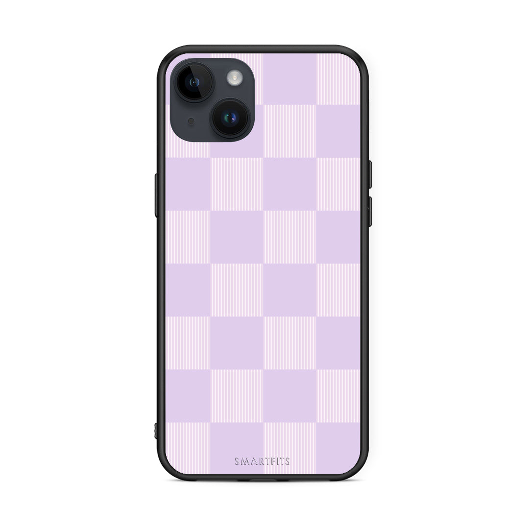 Θήκη iPhone 14 Plus Lilac and Cream Striped Checks από τη Smartfits με σχέδιο στο πίσω μέρος και μαύρο περίβλημα | iPhone 14 Plus Lilac and Cream Striped Checks case with colorful back and black bezels