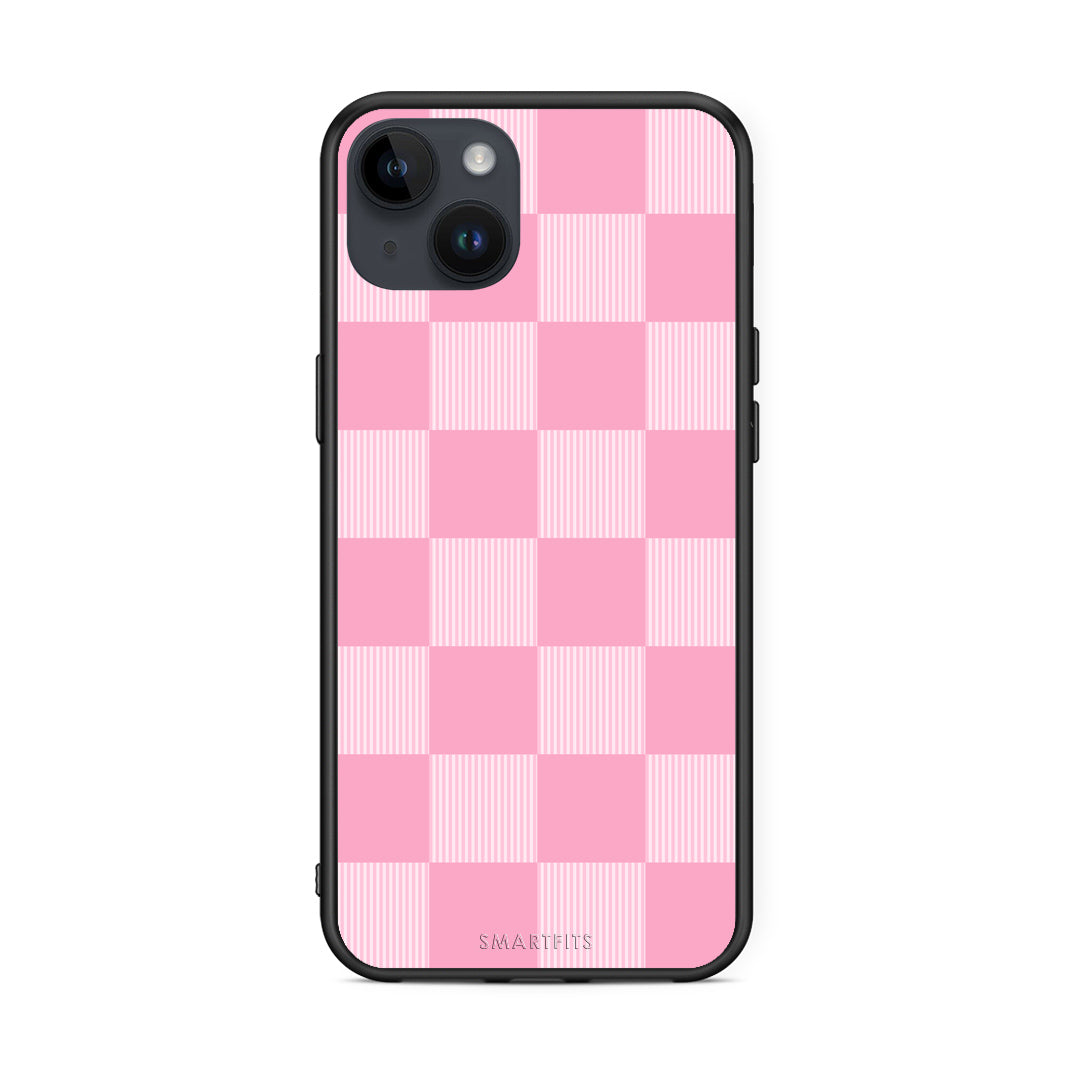 Θήκη iPhone 14 Plus Pink and White Striped Checks από τη Smartfits με σχέδιο στο πίσω μέρος και μαύρο περίβλημα | iPhone 14 Plus Pink and White Striped Checks case with colorful back and black bezels