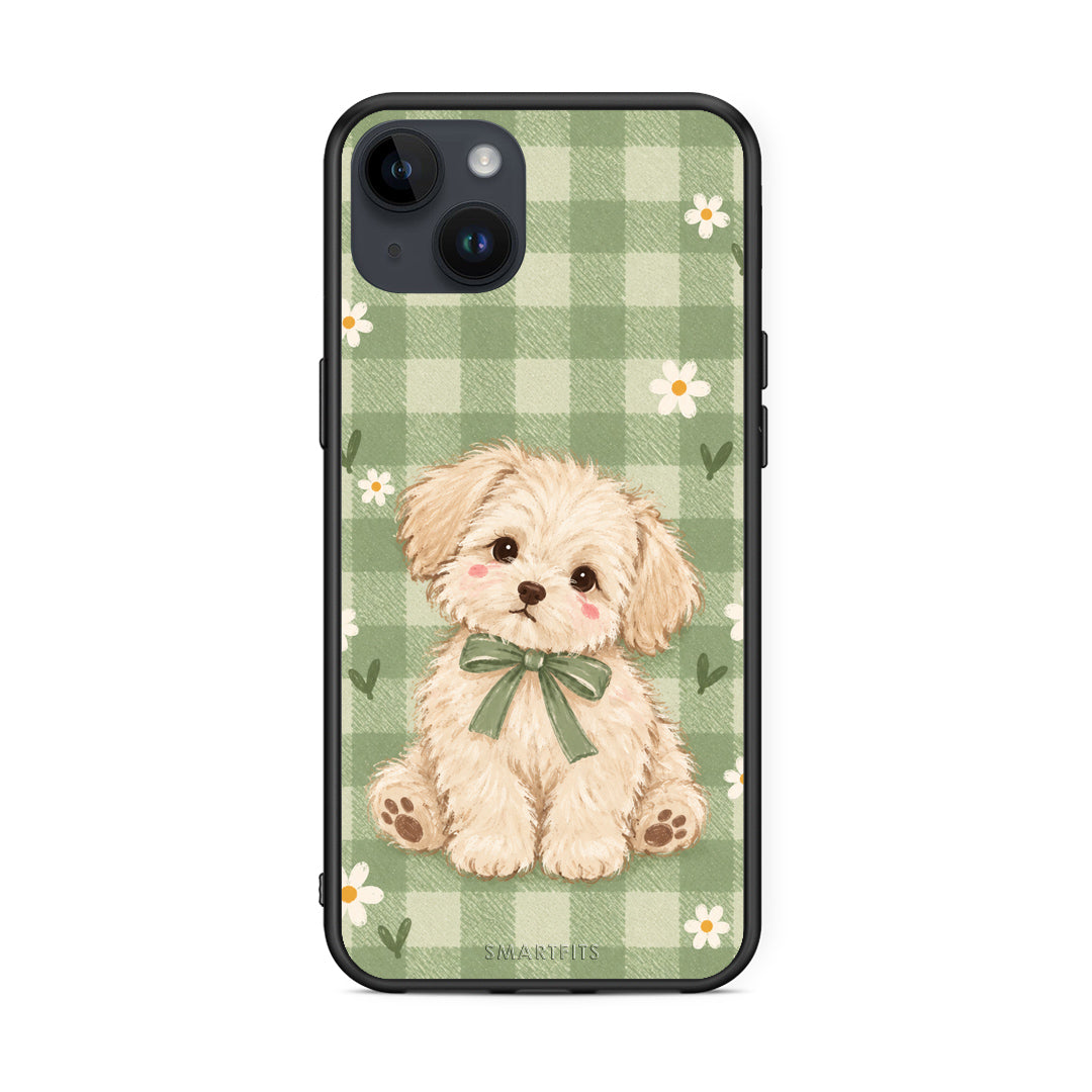 Θήκη iPhone 14 Plus Puppy and Daisies on Sage Gingham από τη Smartfits με σχέδιο στο πίσω μέρος και μαύρο περίβλημα | iPhone 14 Plus Puppy and Daisies on Sage Gingham case with colorful back and black bezels