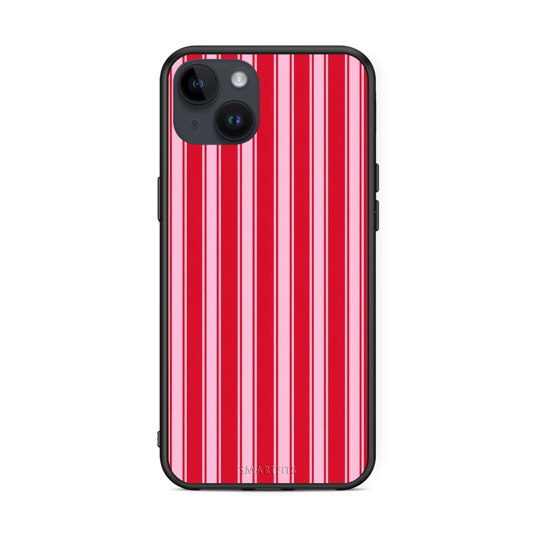 Θήκη iPhone 14 Plus Red and Pink Vertical Pinstripes από τη Smartfits με σχέδιο στο πίσω μέρος και μαύρο περίβλημα | iPhone 14 Plus Red and Pink Vertical Pinstripes case with colorful back and black bezels