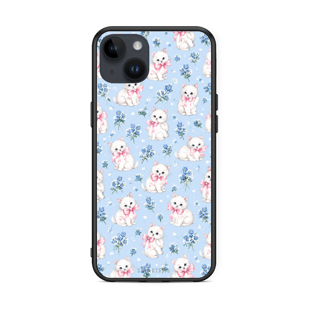 Θήκη iPhone 14 Plus White Kittens and Blue Flowers Small από τη Smartfits με σχέδιο στο πίσω μέρος και μαύρο περίβλημα | iPhone 14 Plus White Kittens and Blue Flowers Small case with colorful back and black bezels