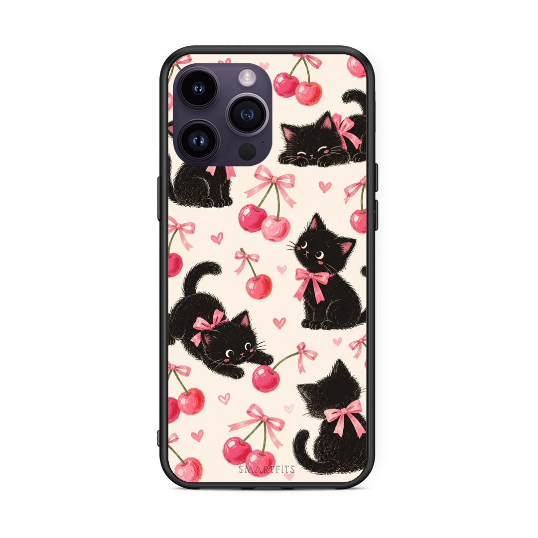 Θήκη iPhone 14 Pro Black Kittens and Cherries on Cream από τη Smartfits με σχέδιο στο πίσω μέρος και μαύρο περίβλημα | iPhone 14 Pro Black Kittens and Cherries on Cream case with colorful back and black bezels