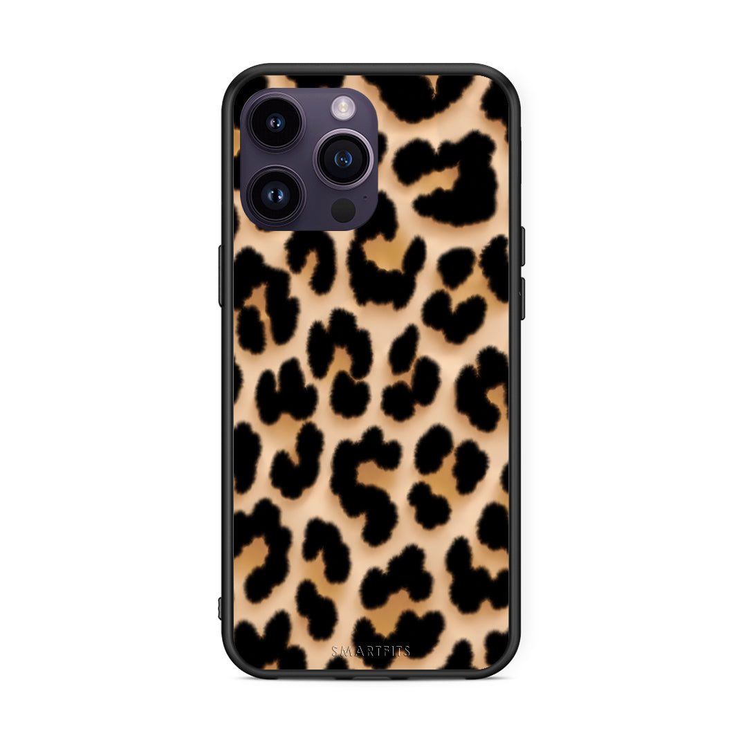 Θήκη iPhone 14 Pro Leopard Print Tan Large από τη Smartfits με σχέδιο στο πίσω μέρος και μαύρο περίβλημα | iPhone 14 Pro Leopard Print Tan Large case with colorful back and black bezels