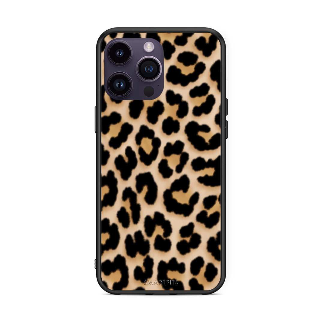 Θήκη iPhone 14 Pro Leopard Print Tan Small από τη Smartfits με σχέδιο στο πίσω μέρος και μαύρο περίβλημα | iPhone 14 Pro Leopard Print Tan Small case with colorful back and black bezels
