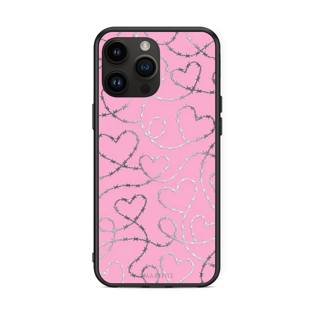 Θήκη iPhone 14 Pro Max Barbed Wire Hearts on Pink από τη Smartfits με σχέδιο στο πίσω μέρος και μαύρο περίβλημα | iPhone 14 Pro Max Barbed Wire Hearts on Pink case with colorful back and black bezels