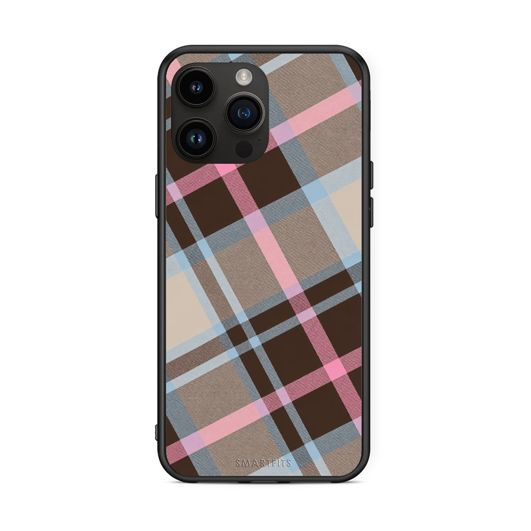 Θήκη iPhone 15 Pro Max Brown Pink and Blue Diagonal Plaid από τη Smartfits με σχέδιο στο πίσω μέρος και μαύρο περίβλημα | iPhone 15 Pro Max Brown Pink and Blue Diagonal Plaid case with colorful back and black bezels