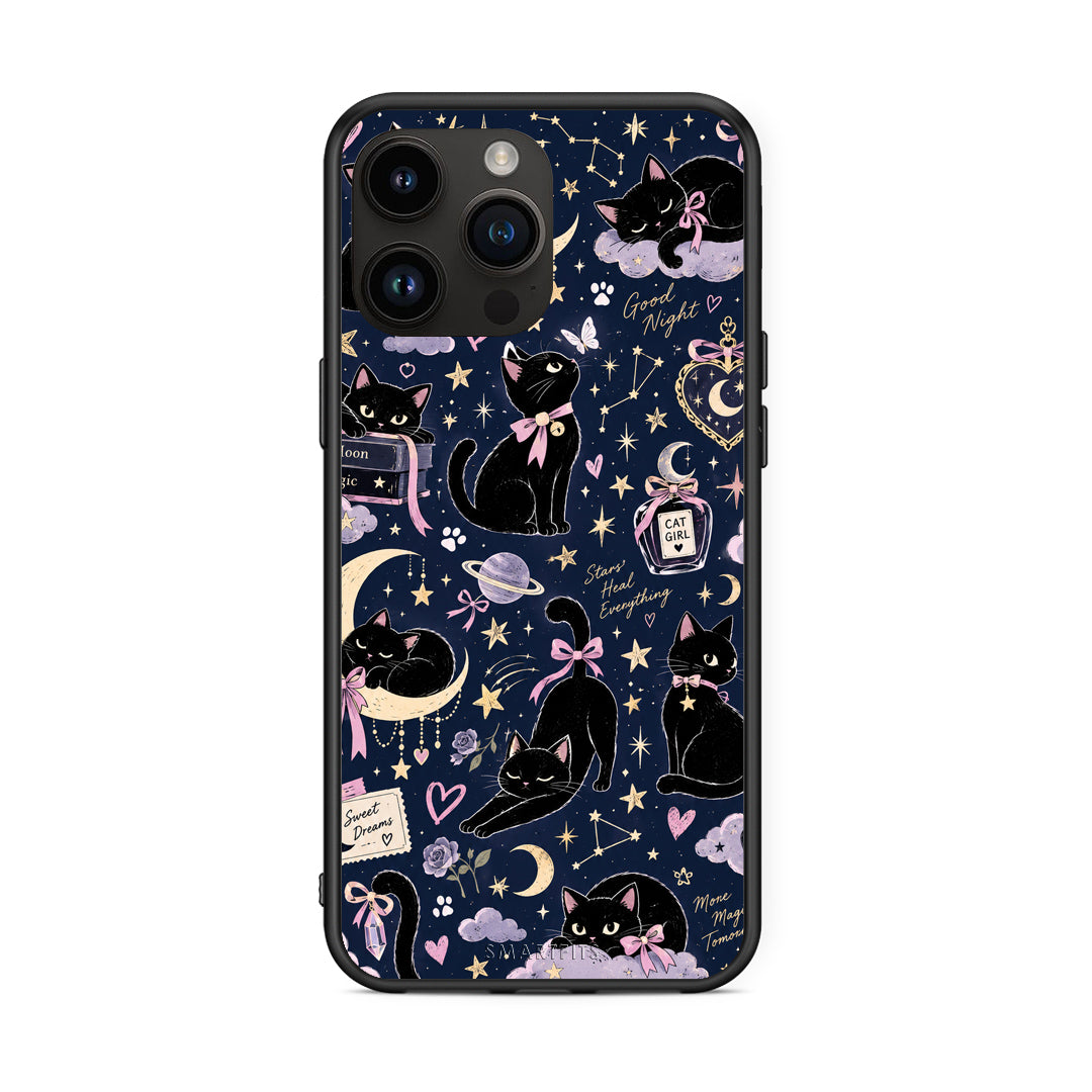 Θήκη iPhone 15 Pro Max Celestial Black Cats on Navy από τη Smartfits με σχέδιο στο πίσω μέρος και μαύρο περίβλημα | iPhone 15 Pro Max Celestial Black Cats on Navy case with colorful back and black bezels