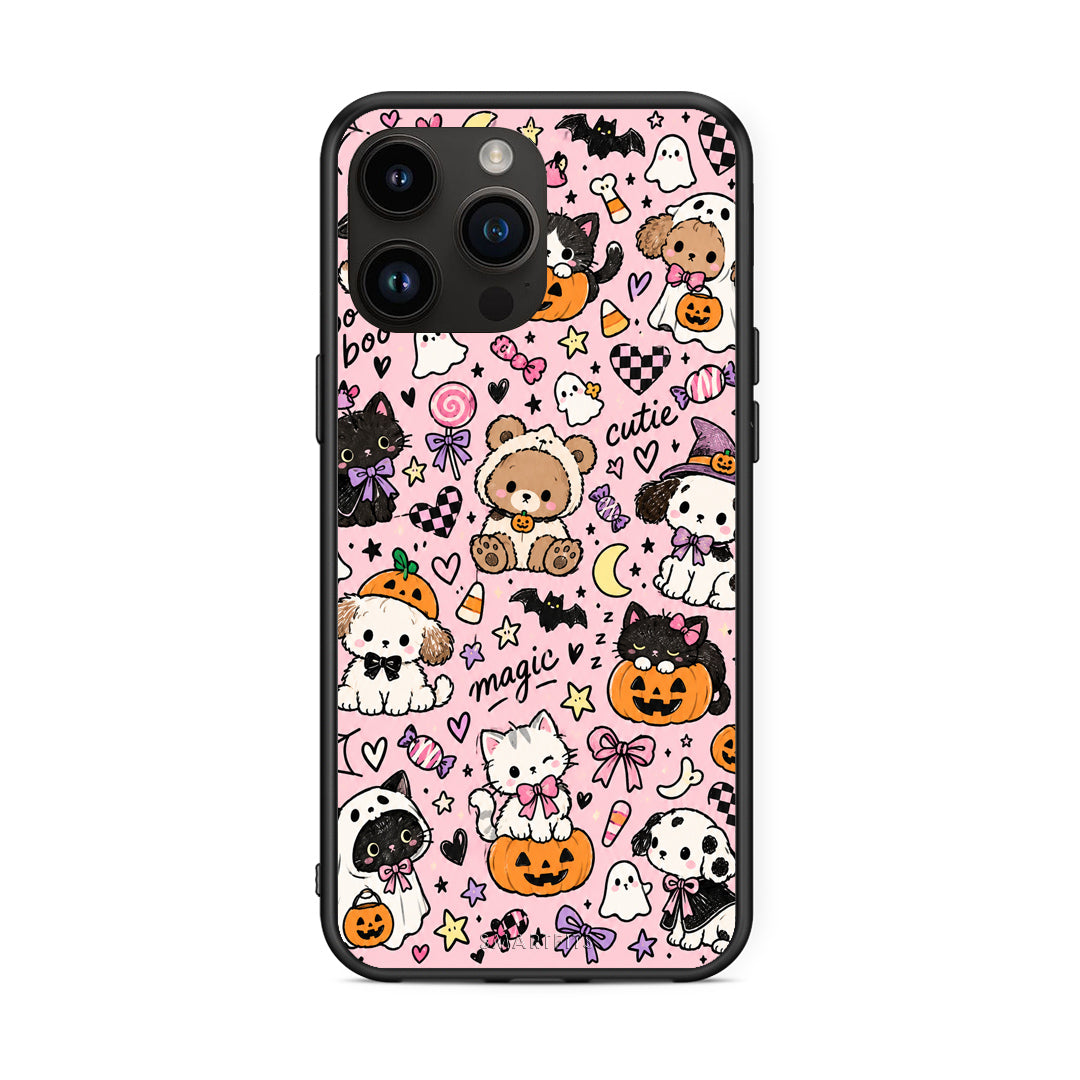 Θήκη iPhone 15 Pro Max Halloween Cute Animals on Pink από τη Smartfits με σχέδιο στο πίσω μέρος και μαύρο περίβλημα | iPhone 15 Pro Max Halloween Cute Animals on Pink case with colorful back and black bezels
