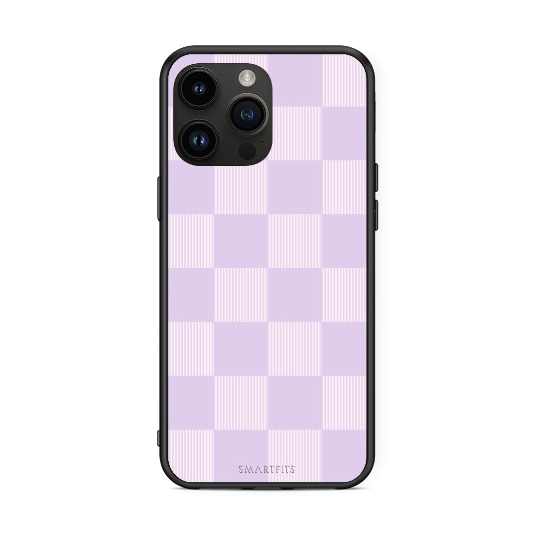 Θήκη iPhone 15 Pro Max Lilac and Cream Striped Checks από τη Smartfits με σχέδιο στο πίσω μέρος και μαύρο περίβλημα | iPhone 15 Pro Max Lilac and Cream Striped Checks case with colorful back and black bezels