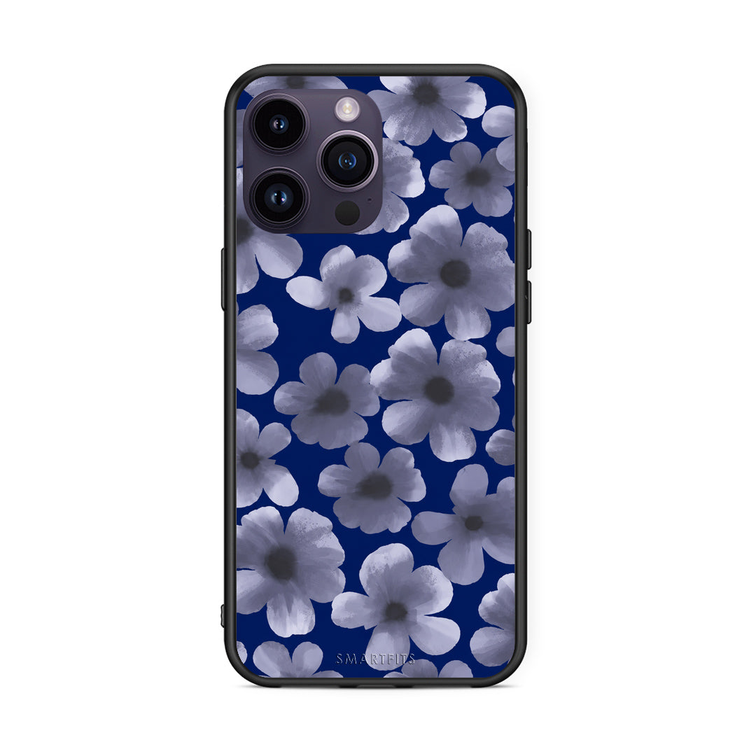 Θήκη iPhone 14 Pro Pale Blue Flowers on Navy από τη Smartfits με σχέδιο στο πίσω μέρος και μαύρο περίβλημα | iPhone 14 Pro Pale Blue Flowers on Navy case with colorful back and black bezels