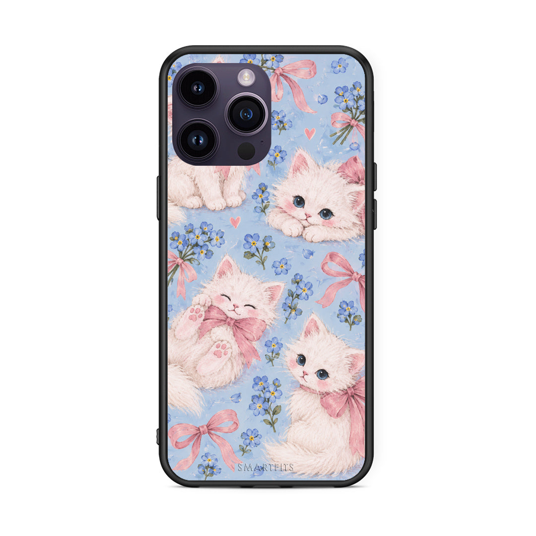 Θήκη iPhone 14 Pro White Kittens and Blue Flowers Large από τη Smartfits με σχέδιο στο πίσω μέρος και μαύρο περίβλημα | iPhone 14 Pro White Kittens and Blue Flowers Large case with colorful back and black bezels