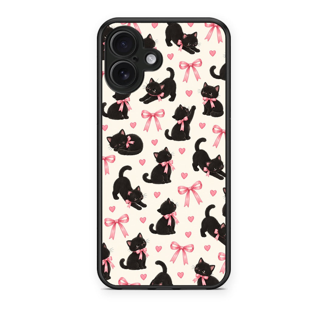 Θήκη iPhone 16 Plus Black Kittens and Pink Bows on Cream Small από τη Smartfits με σχέδιο στο πίσω μέρος και μαύρο περίβλημα | iPhone 16 Plus Black Kittens and Pink Bows on Cream Small case with colorful back and black bezels