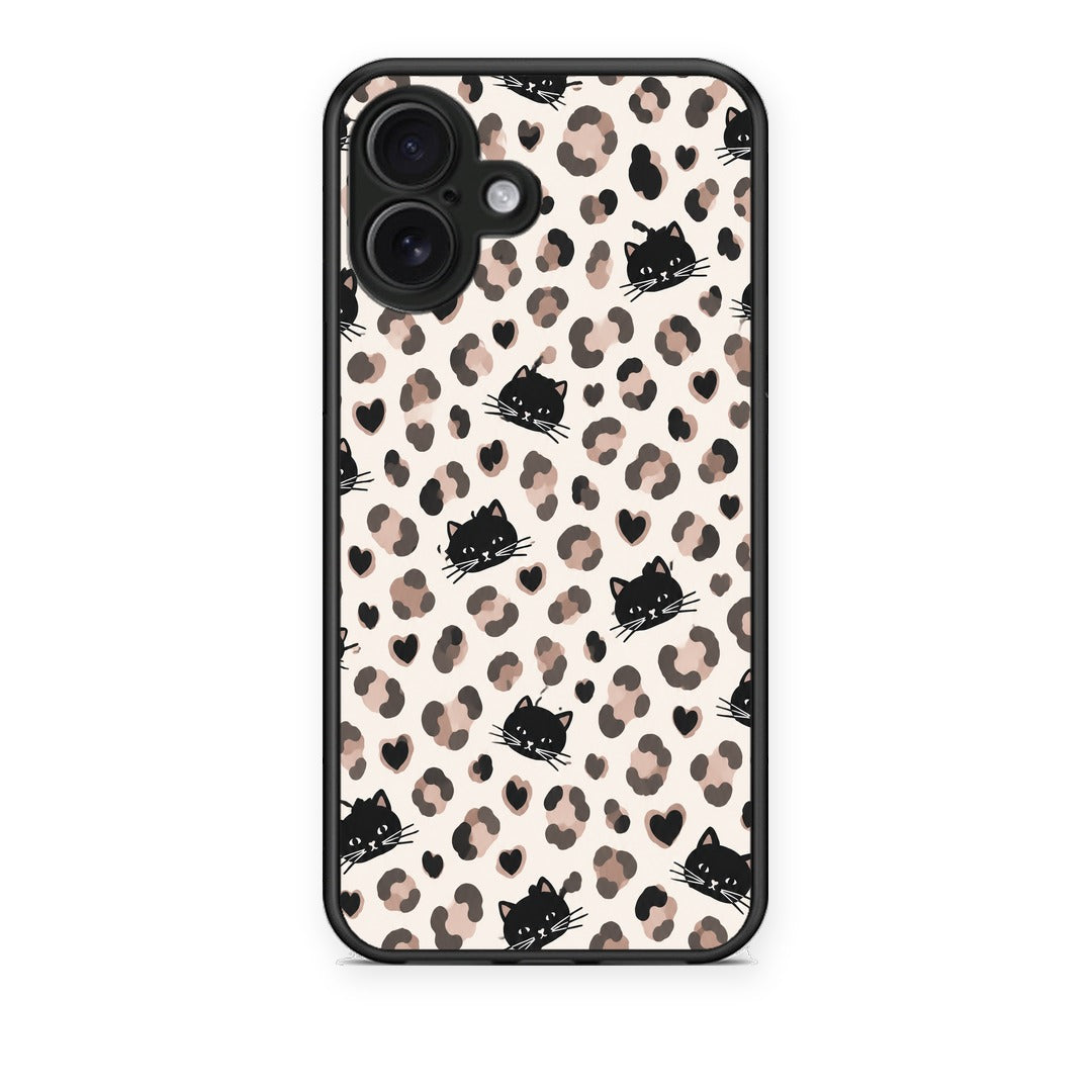 Θήκη iPhone 16 Plus Leopard Spots and Black Cats on Cream από τη Smartfits με σχέδιο στο πίσω μέρος και μαύρο περίβλημα | iPhone 16 Plus Leopard Spots and Black Cats on Cream case with colorful back and black bezels