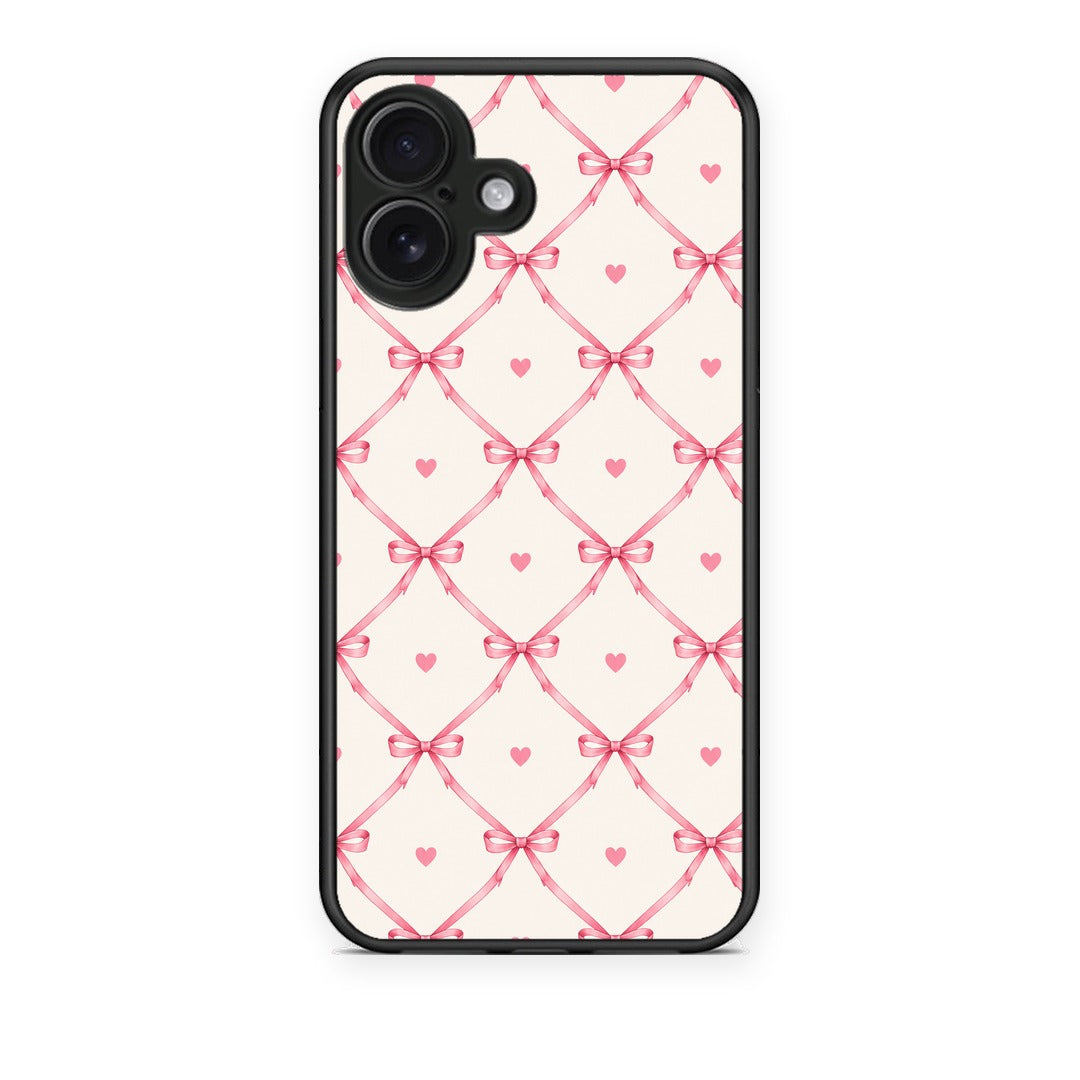 Θήκη iPhone 16 Plus Pink Bow Lattice and Hearts on Cream από τη Smartfits με σχέδιο στο πίσω μέρος και μαύρο περίβλημα | iPhone 16 Plus Pink Bow Lattice and Hearts on Cream case with colorful back and black bezels