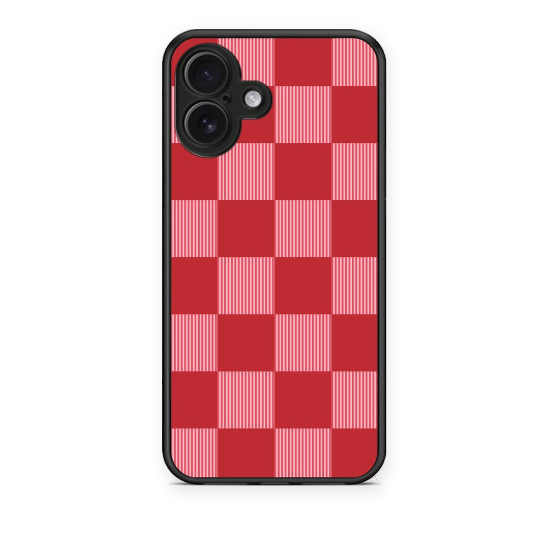 Θήκη iPhone 16 Plus Red and Pink Striped Checks από τη Smartfits με σχέδιο στο πίσω μέρος και μαύρο περίβλημα | iPhone 16 Plus Red and Pink Striped Checks case with colorful back and black bezels