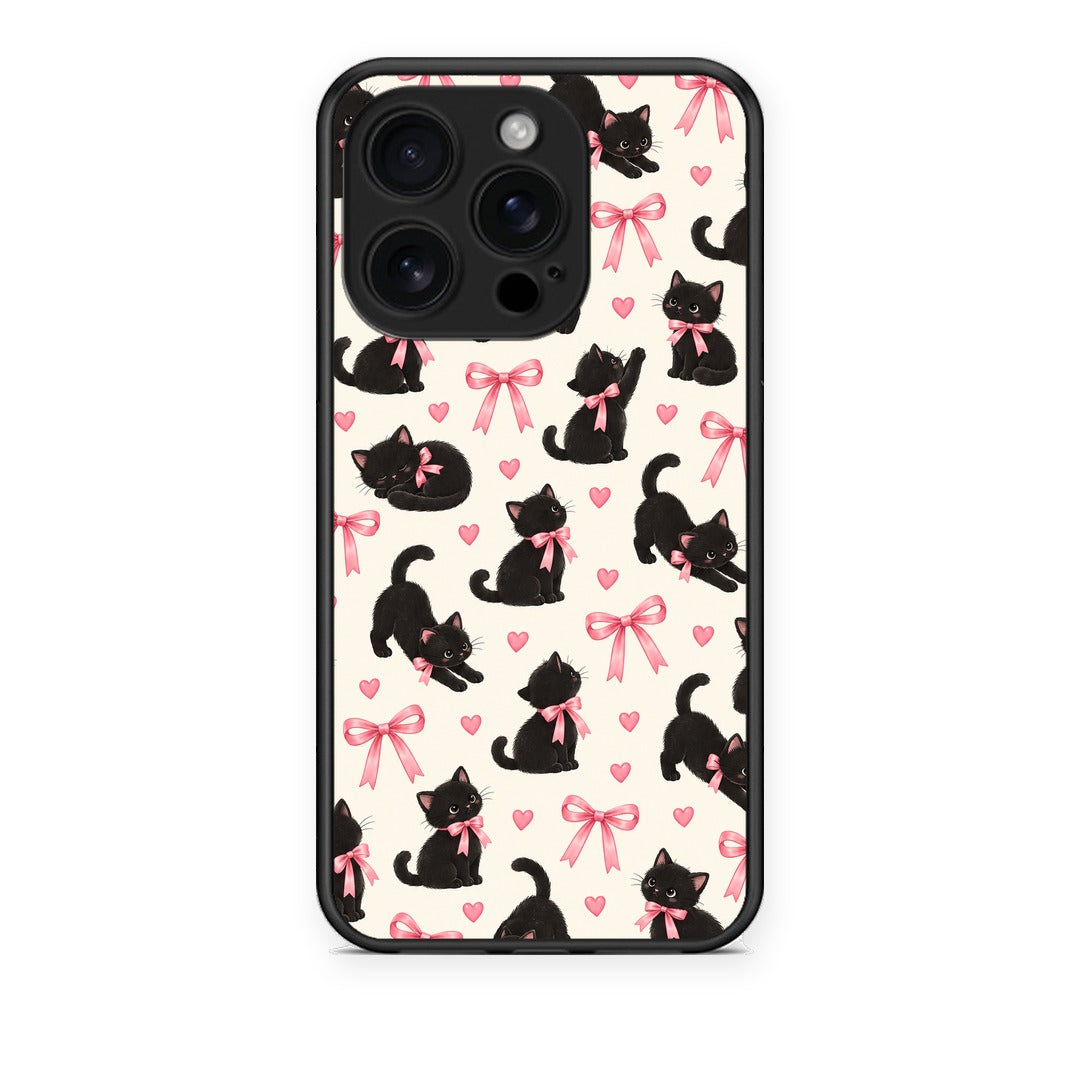 Θήκη iPhone 16 Pro Black Kittens and Pink Bows on Cream Small από τη Smartfits με σχέδιο στο πίσω μέρος και μαύρο περίβλημα | iPhone 16 Pro Black Kittens and Pink Bows on Cream Small case with colorful back and black bezels
