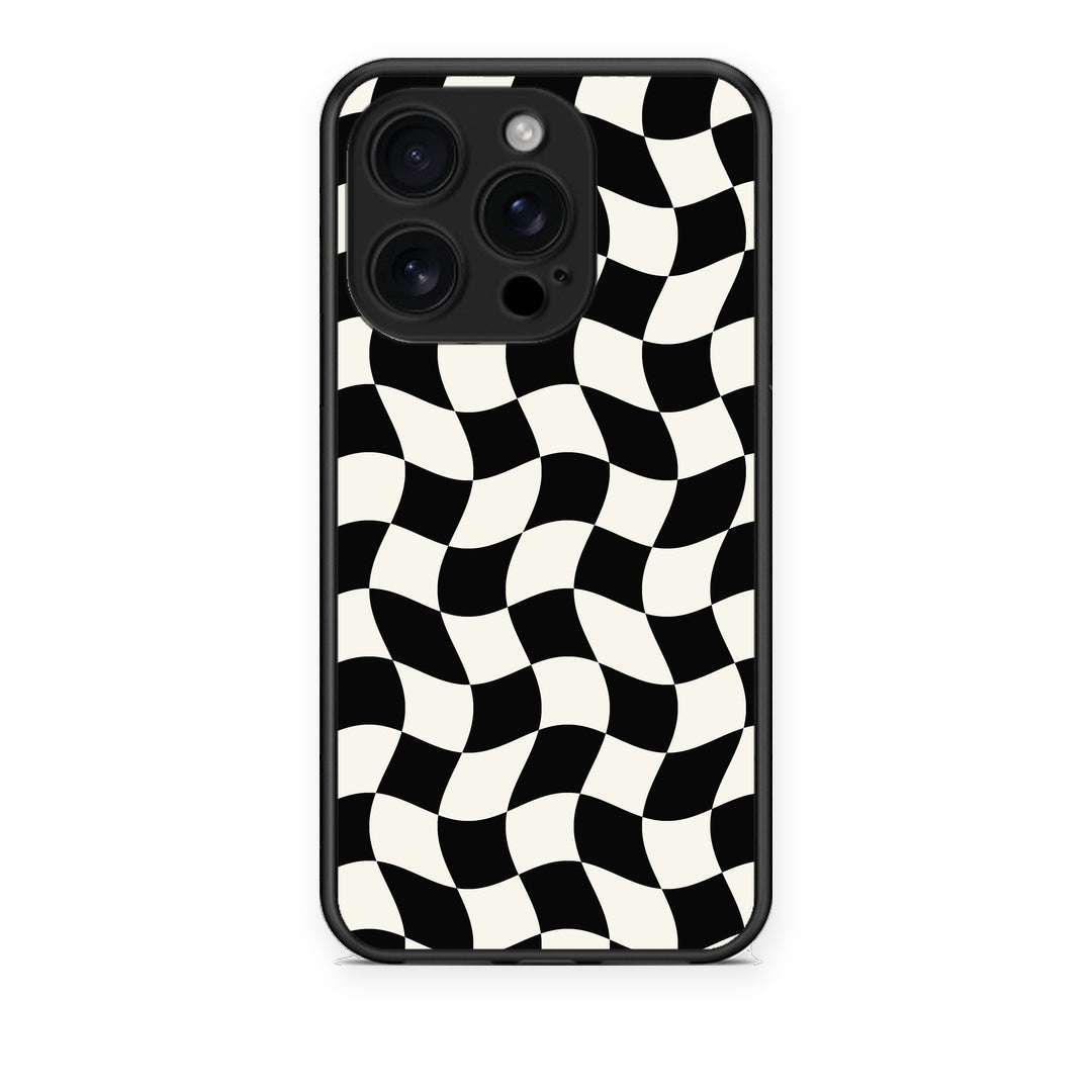 Θήκη iPhone 16 Pro Black and Cream Wavy Checkerboard από τη Smartfits με σχέδιο στο πίσω μέρος και μαύρο περίβλημα | iPhone 16 Pro Black and Cream Wavy Checkerboard case with colorful back and black bezels