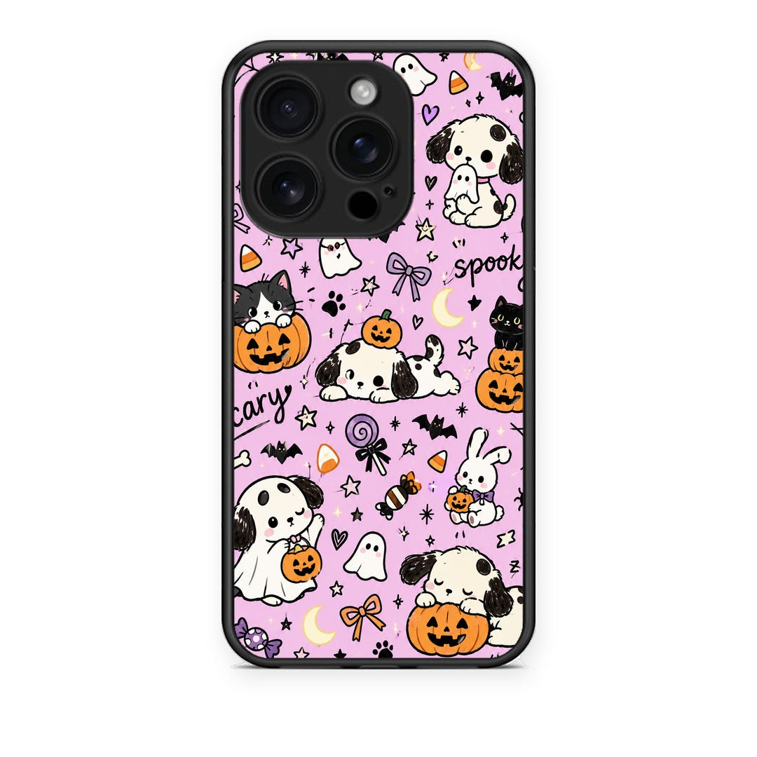 Θήκη iPhone 16 Pro Halloween Puppies and Friends on Lilac από τη Smartfits με σχέδιο στο πίσω μέρος και μαύρο περίβλημα | iPhone 16 Pro Halloween Puppies and Friends on Lilac case with colorful back and black bezels