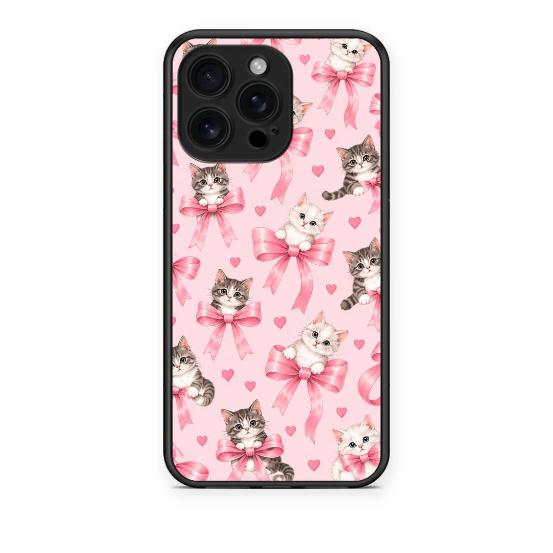Θήκη iPhone 16 Pro Max Kittens and Pink Bows on Pink από τη Smartfits με σχέδιο στο πίσω μέρος και μαύρο περίβλημα | iPhone 16 Pro Max Kittens and Pink Bows on Pink case with colorful back and black bezels