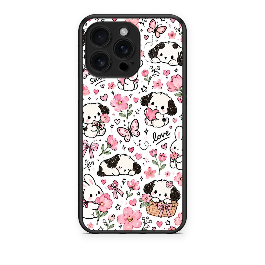 Θήκη iPhone 16 Pro Max Pink Florals Puppies and Bunnies on White από τη Smartfits με σχέδιο στο πίσω μέρος και μαύρο περίβλημα | iPhone 16 Pro Max Pink Florals Puppies and Bunnies on White case with colorful back and black bezels