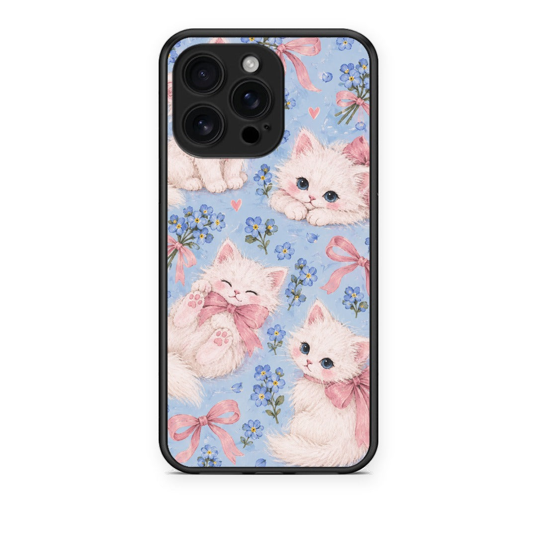 Θήκη iPhone 16 Pro Max White Kittens and Blue Flowers Large από τη Smartfits με σχέδιο στο πίσω μέρος και μαύρο περίβλημα | iPhone 16 Pro Max White Kittens and Blue Flowers Large case with colorful back and black bezels