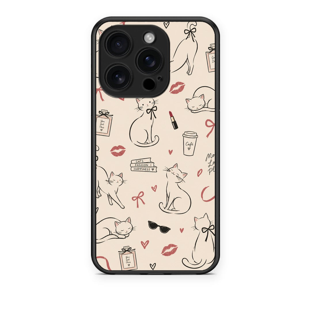 Θήκη iPhone 16 Pro Minimal Cat and Fashion Doodles on Cream από τη Smartfits με σχέδιο στο πίσω μέρος και μαύρο περίβλημα | iPhone 16 Pro Minimal Cat and Fashion Doodles on Cream case with colorful back and black bezels