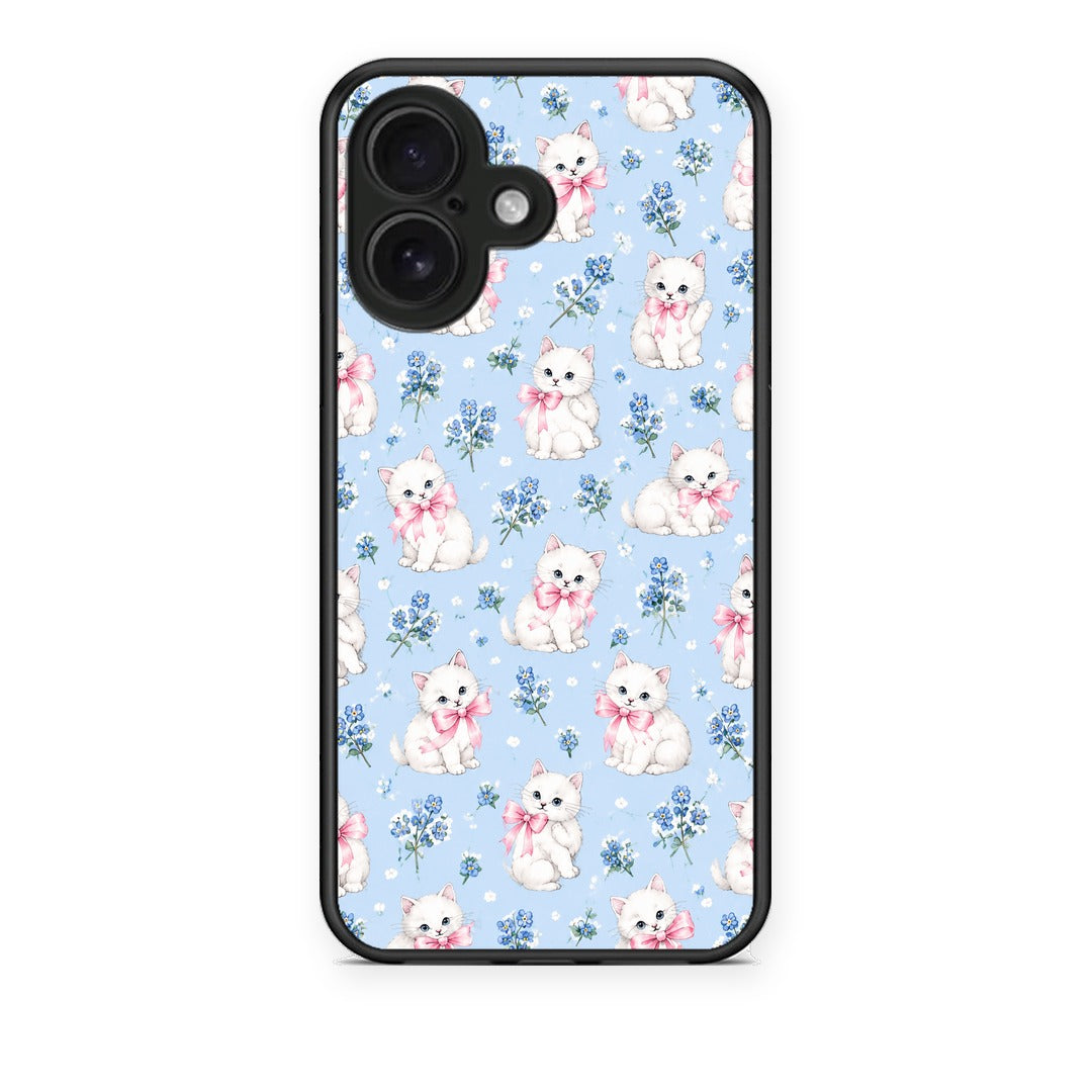 Θήκη iPhone 16 White Kittens and Blue Flowers Small από τη Smartfits με σχέδιο στο πίσω μέρος και μαύρο περίβλημα | iPhone 16 White Kittens and Blue Flowers Small case with colorful back and black bezels