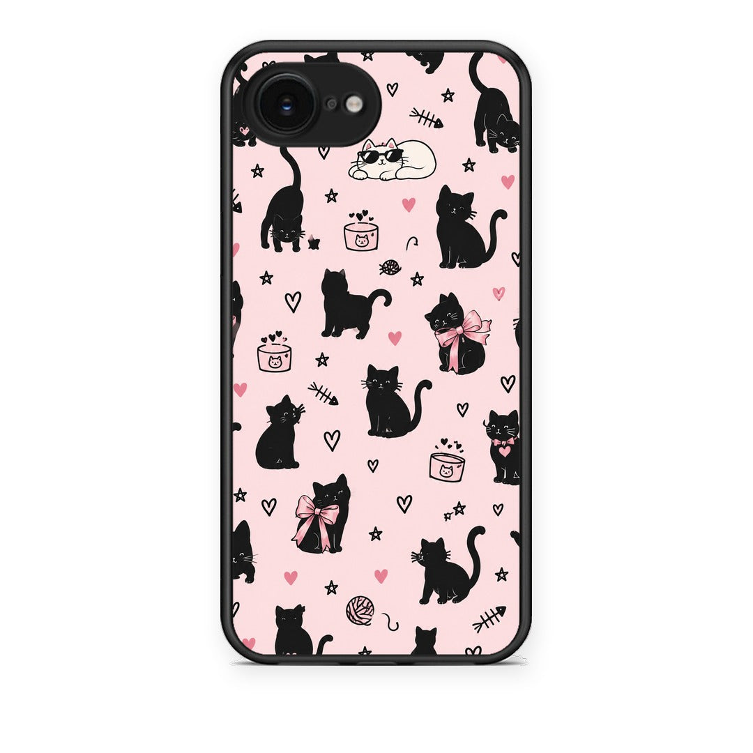 Θήκη iPhone 16e Black Cat Doodles on Pink από τη Smartfits με σχέδιο στο πίσω μέρος και μαύρο περίβλημα | iPhone 16e Black Cat Doodles on Pink case with colorful back and black bezels