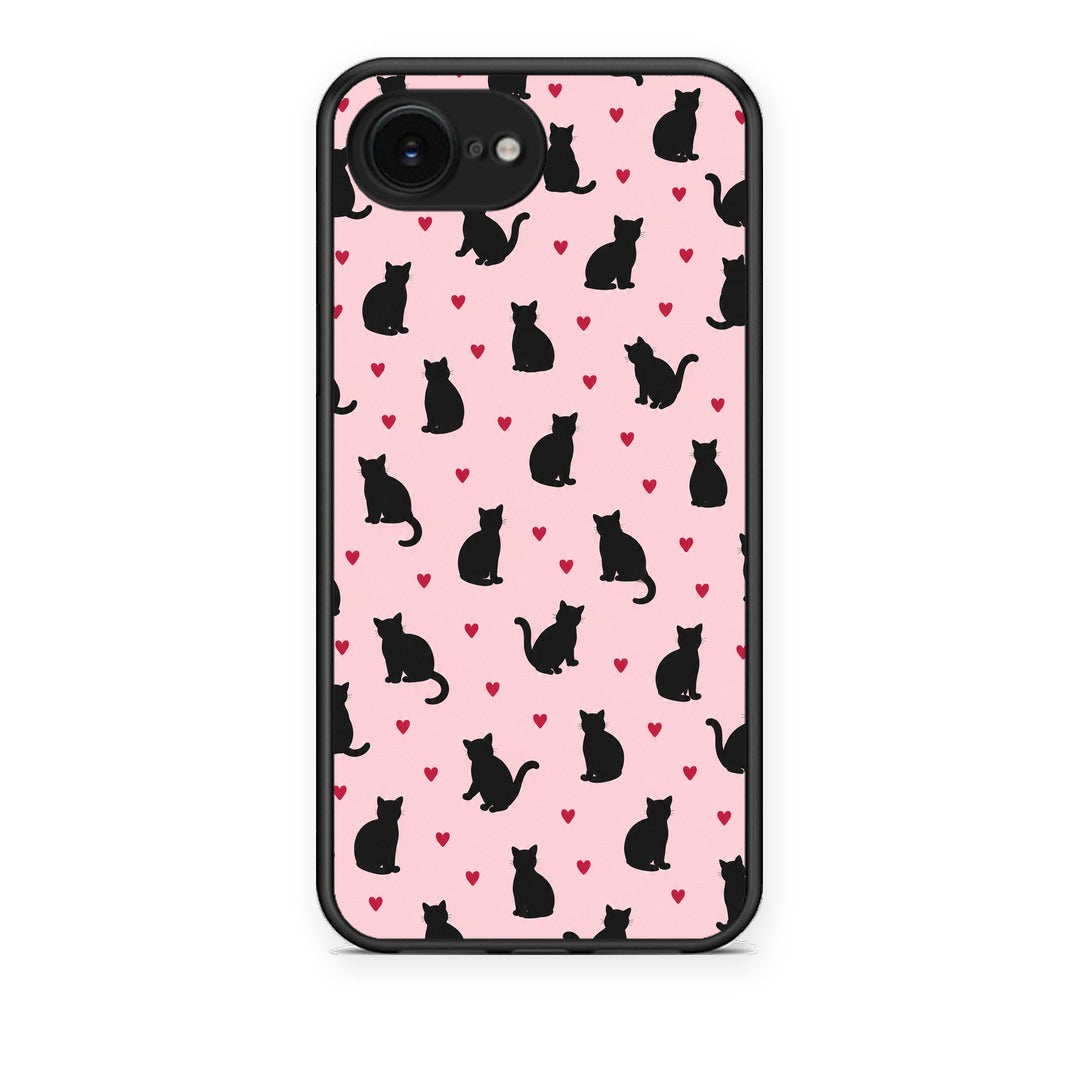 Θήκη iPhone 16e Black Cat Silhouettes and Hearts on Pink από τη Smartfits με σχέδιο στο πίσω μέρος και μαύρο περίβλημα | iPhone 16e Black Cat Silhouettes and Hearts on Pink case with colorful back and black bezels