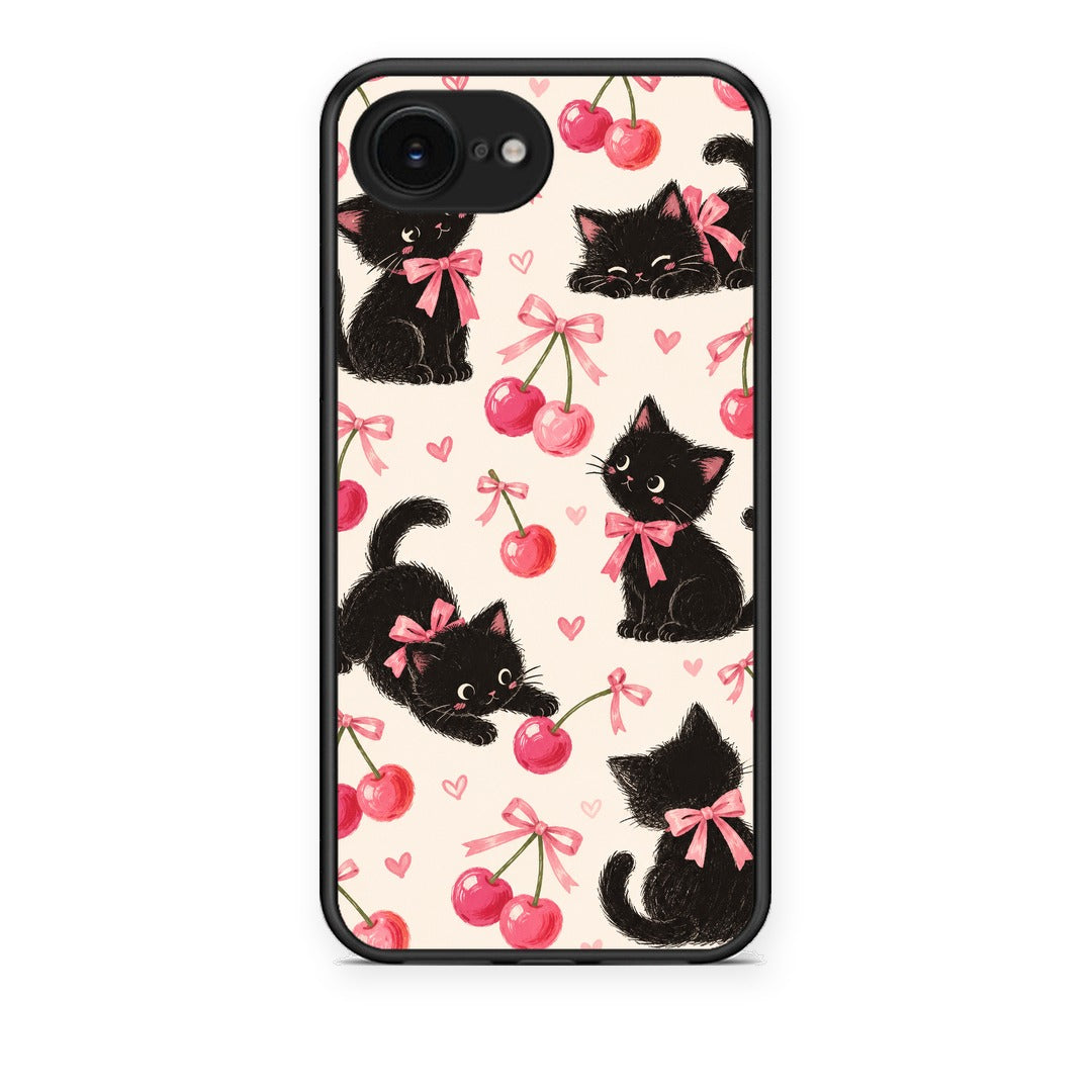 Θήκη iPhone 16e Black Kittens and Cherries on Cream από τη Smartfits με σχέδιο στο πίσω μέρος και μαύρο περίβλημα | iPhone 16e Black Kittens and Cherries on Cream case with colorful back and black bezels