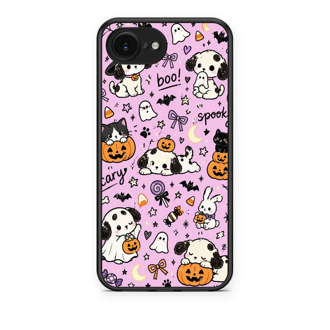 Θήκη iPhone 16e Halloween Puppies and Friends on Lilac από τη Smartfits με σχέδιο στο πίσω μέρος και μαύρο περίβλημα | iPhone 16e Halloween Puppies and Friends on Lilac case with colorful back and black bezels