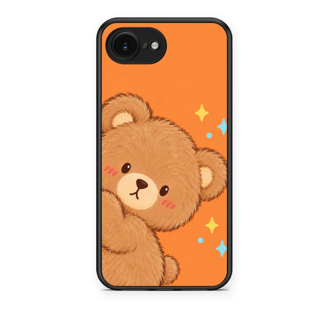 Θήκη iPhone 16e Peekaboo Teddy on Orange από τη Smartfits με σχέδιο στο πίσω μέρος και μαύρο περίβλημα | iPhone 16e Peekaboo Teddy on Orange case with colorful back and black bezels
