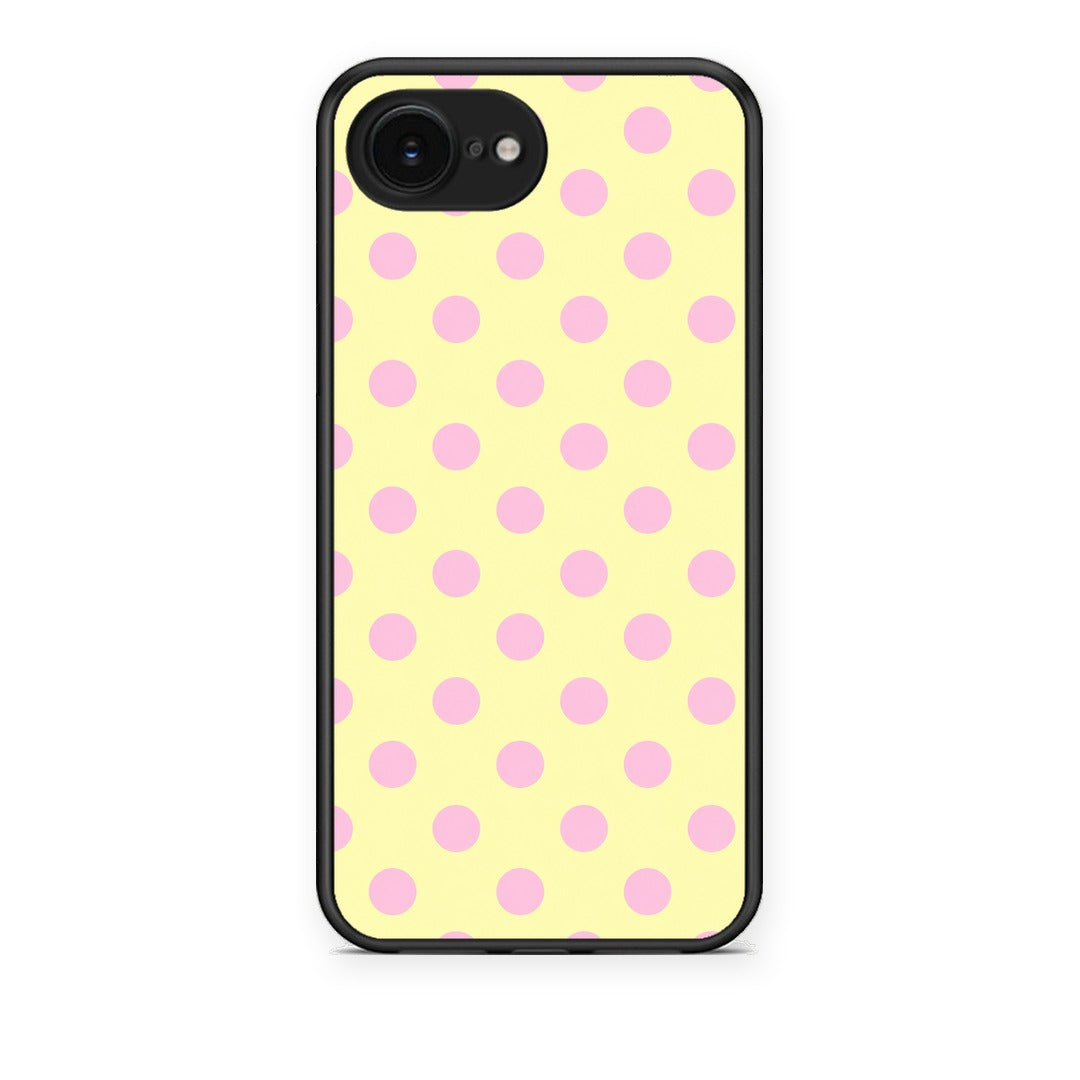 Θήκη iPhone 16e Pink Polka Dots on Yellow από τη Smartfits με σχέδιο στο πίσω μέρος και μαύρο περίβλημα | iPhone 16e Pink Polka Dots on Yellow case with colorful back and black bezels