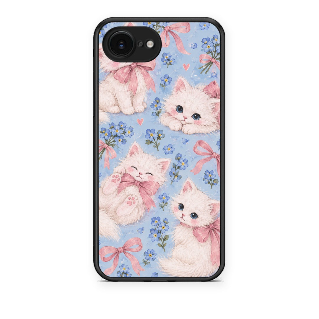 Θήκη iPhone 16e White Kittens and Blue Flowers Large από τη Smartfits με σχέδιο στο πίσω μέρος και μαύρο περίβλημα | iPhone 16e White Kittens and Blue Flowers Large case with colorful back and black bezels