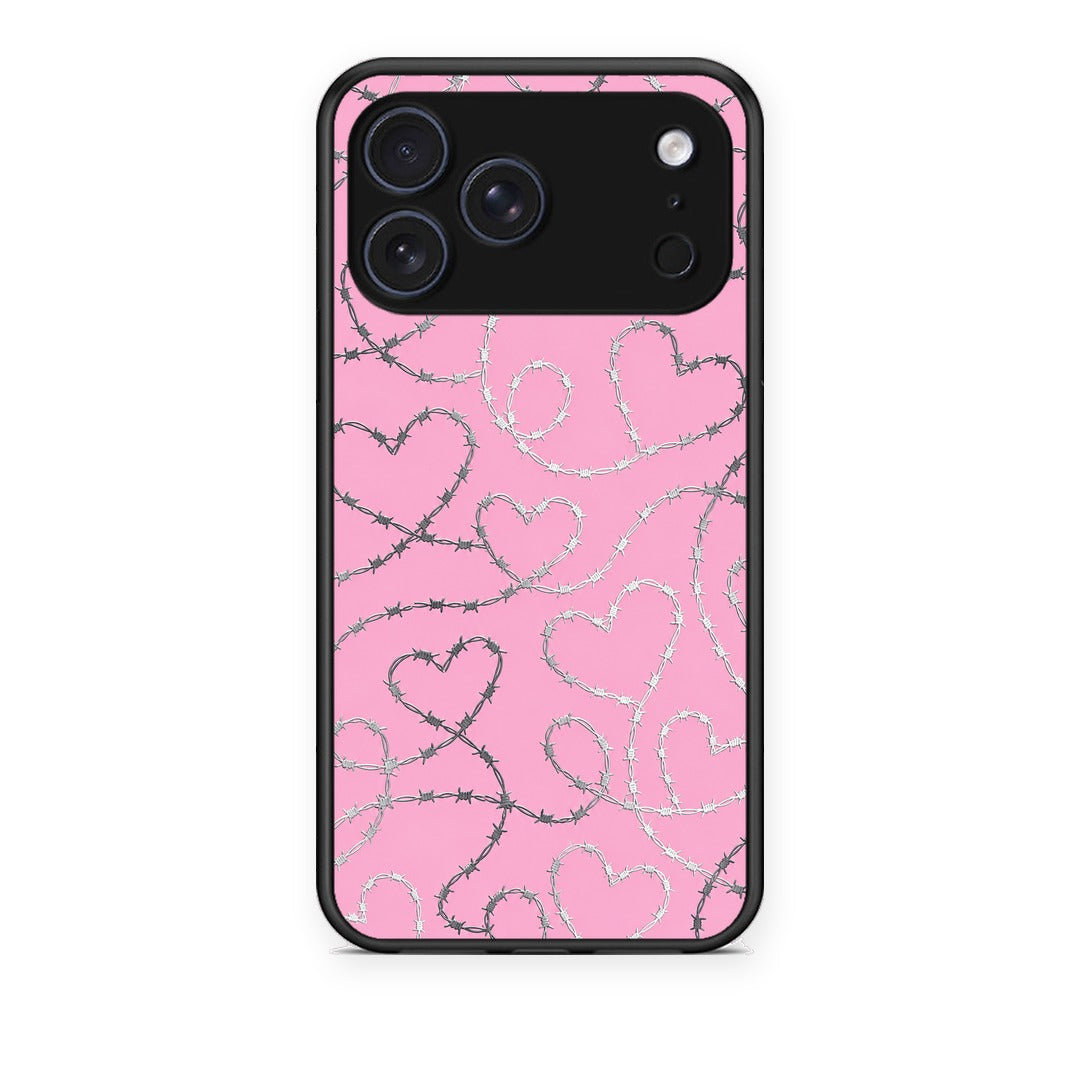 Θήκη iPhone 17 Pro Barbed Wire Hearts on Pink από τη Smartfits με σχέδιο στο πίσω μέρος και μαύρο περίβλημα | iPhone 17 Pro Barbed Wire Hearts on Pink case with colorful back and black bezels