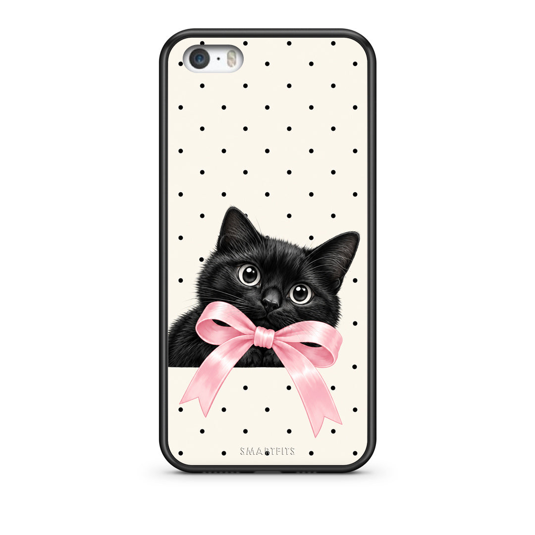 Θήκη iPhone 5 / 5s / SE Black Kitten Pink Bow and Polka Dots από τη Smartfits με σχέδιο στο πίσω μέρος και μαύρο περίβλημα | iPhone 5 / 5s / SE Black Kitten Pink Bow and Polka Dots case with colorful back and black bezels
