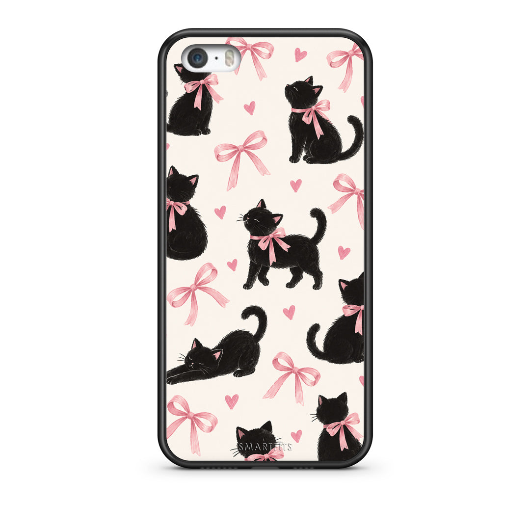 Θήκη iPhone 5 / 5s / SE Black Kittens and Pink Bows on Cream Large από τη Smartfits με σχέδιο στο πίσω μέρος και μαύρο περίβλημα | iPhone 5 / 5s / SE Black Kittens and Pink Bows on Cream Large case with colorful back and black bezels