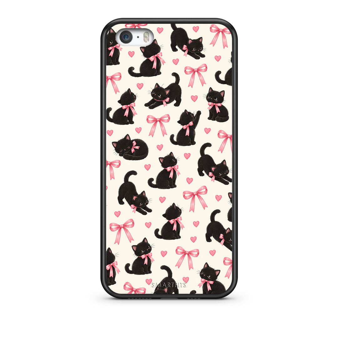 Θήκη iPhone 5 / 5s / SE Black Kittens and Pink Bows on Cream Small από τη Smartfits με σχέδιο στο πίσω μέρος και μαύρο περίβλημα | iPhone 5 / 5s / SE Black Kittens and Pink Bows on Cream Small case with colorful back and black bezels
