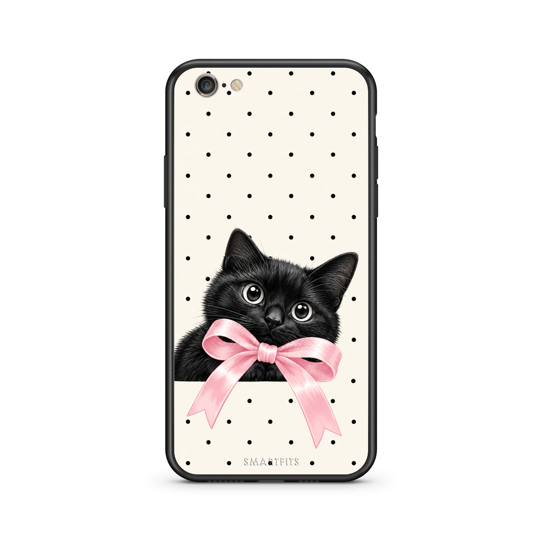 Θήκη iPhone 7 / 8 / SE 2020 Black Kitten Pink Bow and Polka Dots από τη Smartfits με σχέδιο στο πίσω μέρος και μαύρο περίβλημα | iPhone 7 / 8 / SE 2020 Black Kitten Pink Bow and Polka Dots case with colorful back and black bezels