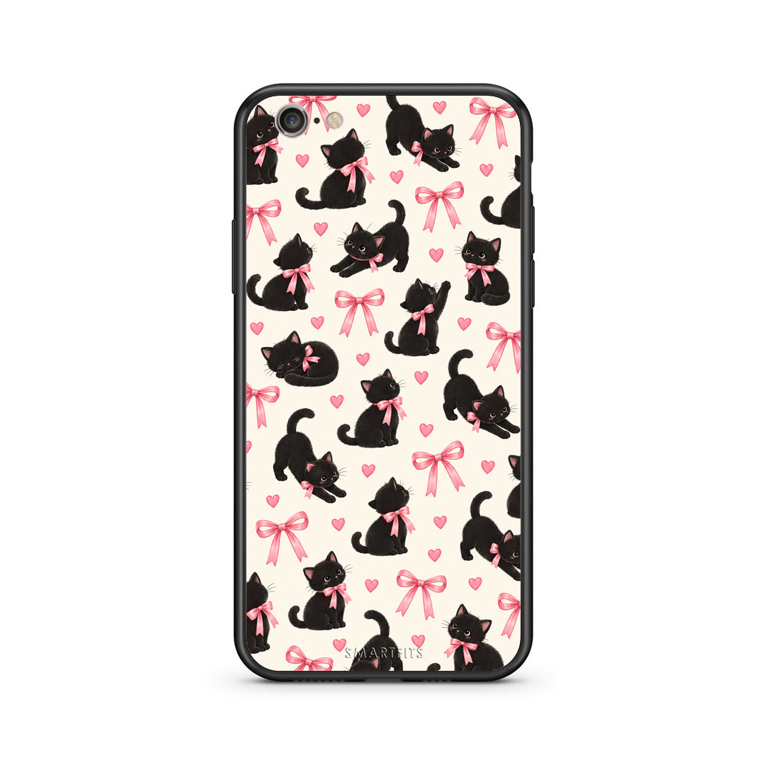 Θήκη iPhone 7 / 8 / SE 2020 Black Kittens and Pink Bows on Cream Small από τη Smartfits με σχέδιο στο πίσω μέρος και μαύρο περίβλημα | iPhone 7 / 8 / SE 2020 Black Kittens and Pink Bows on Cream Small case with colorful back and black bezels