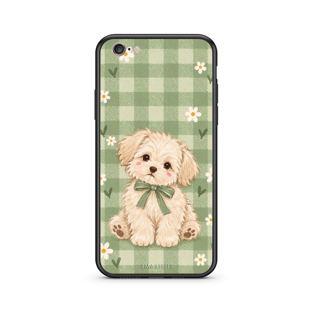 Θήκη iPhone 7 / 8 / SE 2020 Puppy and Daisies on Sage Gingham από τη Smartfits με σχέδιο στο πίσω μέρος και μαύρο περίβλημα | iPhone 7 / 8 / SE 2020 Puppy and Daisies on Sage Gingham case with colorful back and black bezels