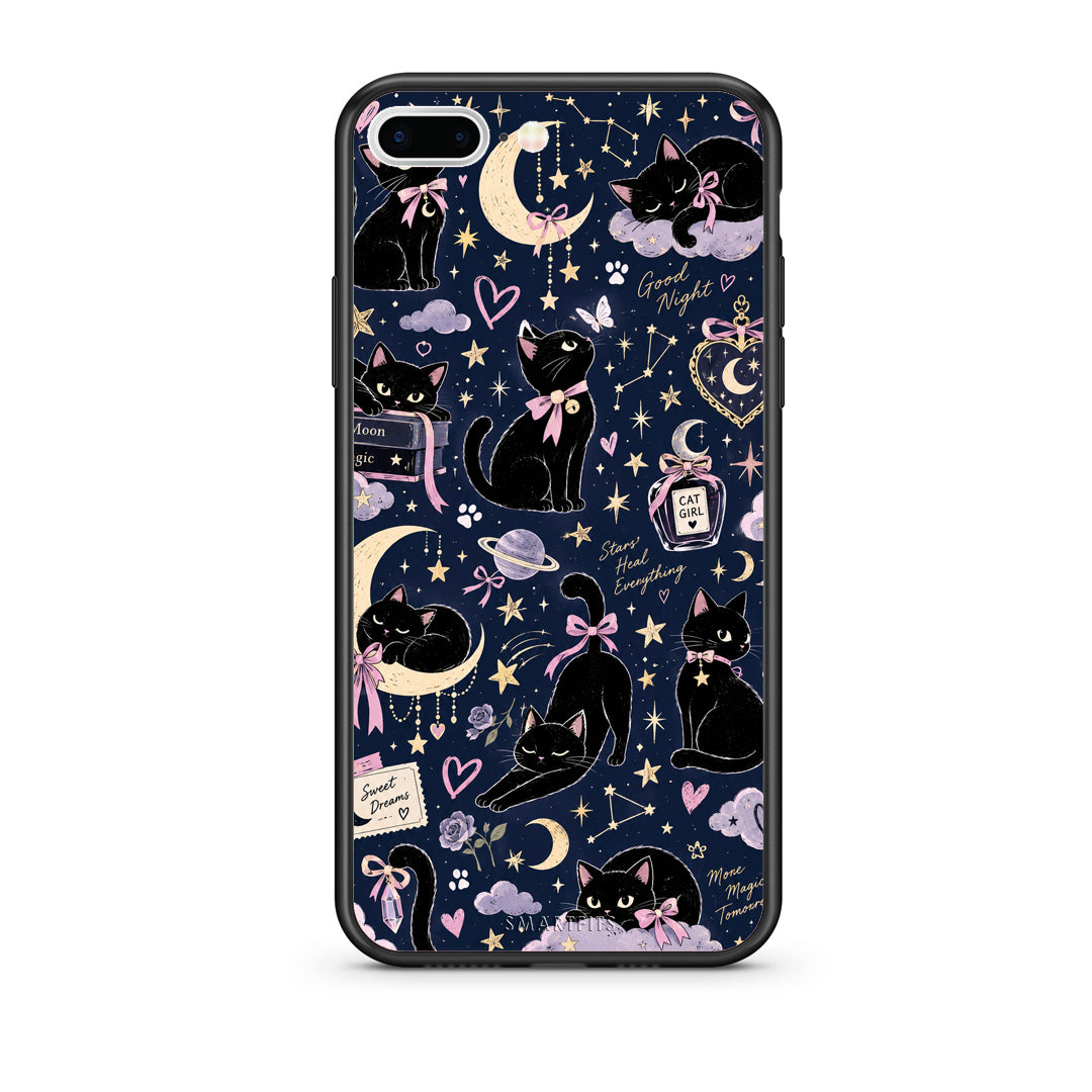 Θήκη iPhone 7 Plus / 8 Plus Celestial Black Cats on Navy από τη Smartfits με σχέδιο στο πίσω μέρος και μαύρο περίβλημα | iPhone 7 Plus / 8 Plus Celestial Black Cats on Navy case with colorful back and black bezels