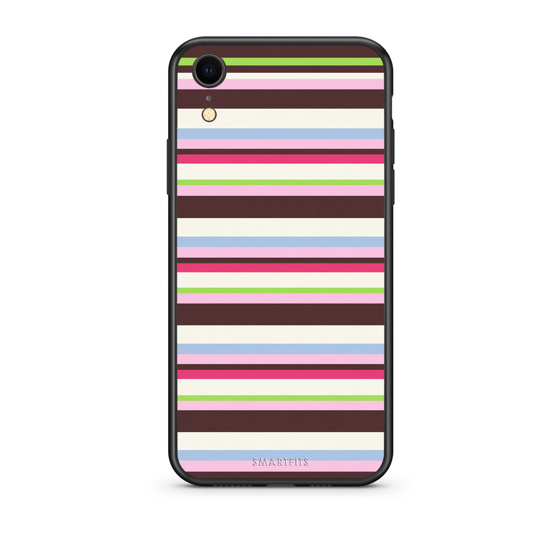 Θήκη iPhone XR Multicolour Horizontal Stripes από τη Smartfits με σχέδιο στο πίσω μέρος και μαύρο περίβλημα | iPhone XR Multicolour Horizontal Stripes case with colorful back and black bezels