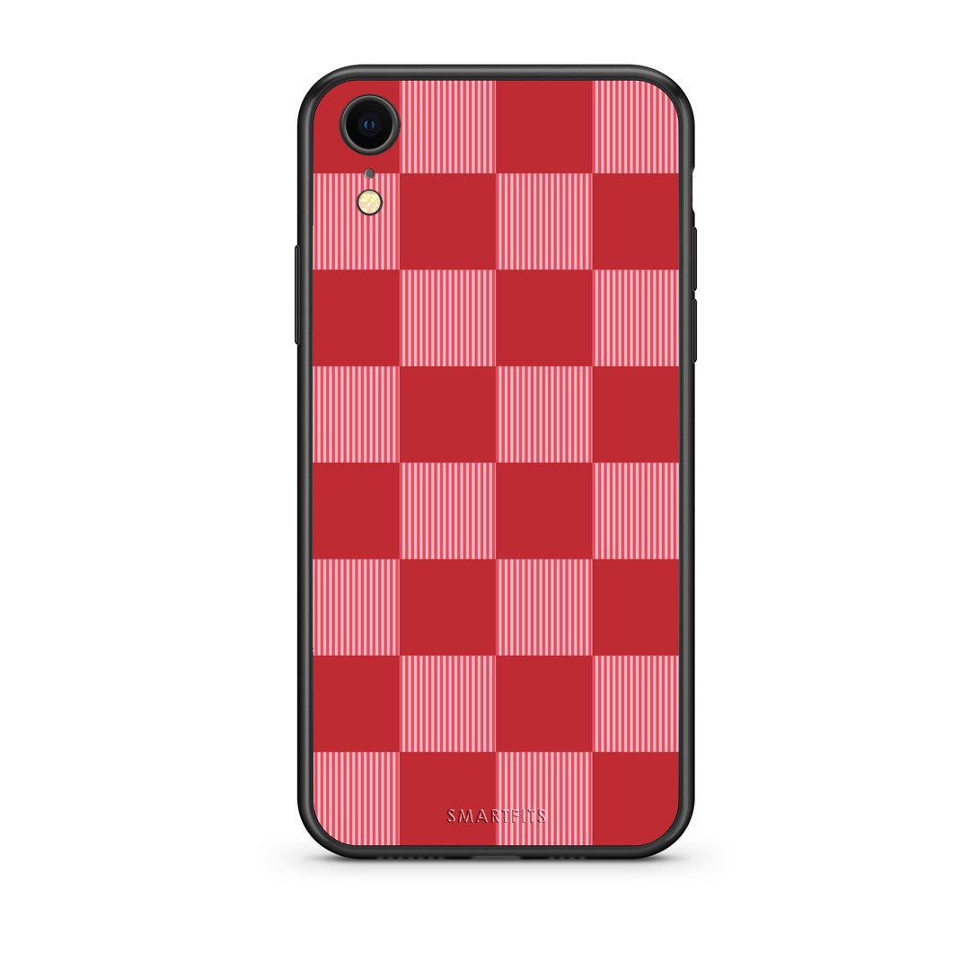 Θήκη iPhone XR Red and Pink Striped Checks από τη Smartfits με σχέδιο στο πίσω μέρος και μαύρο περίβλημα | iPhone XR Red and Pink Striped Checks case with colorful back and black bezels