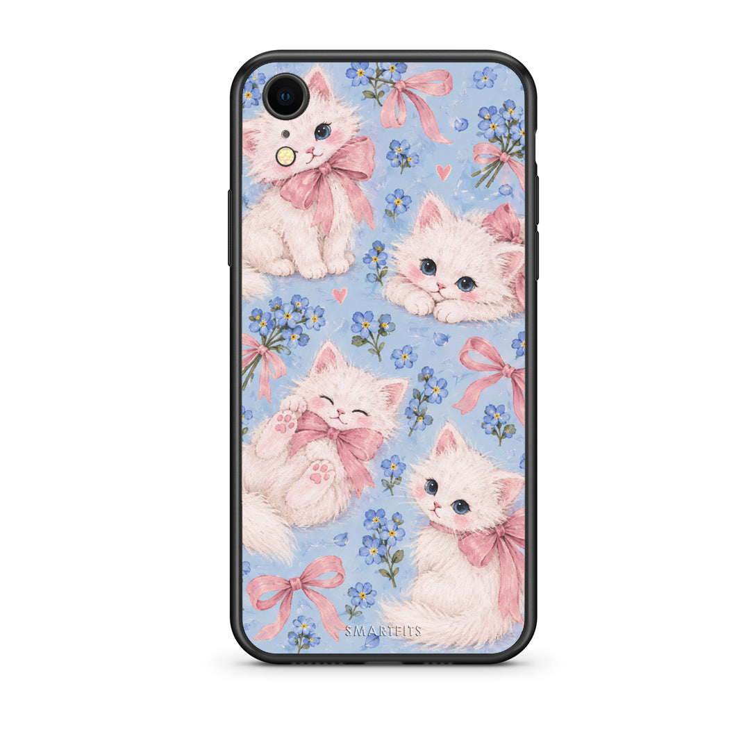 Θήκη iPhone XR White Kittens and Blue Flowers Large από τη Smartfits με σχέδιο στο πίσω μέρος και μαύρο περίβλημα | iPhone XR White Kittens and Blue Flowers Large case with colorful back and black bezels