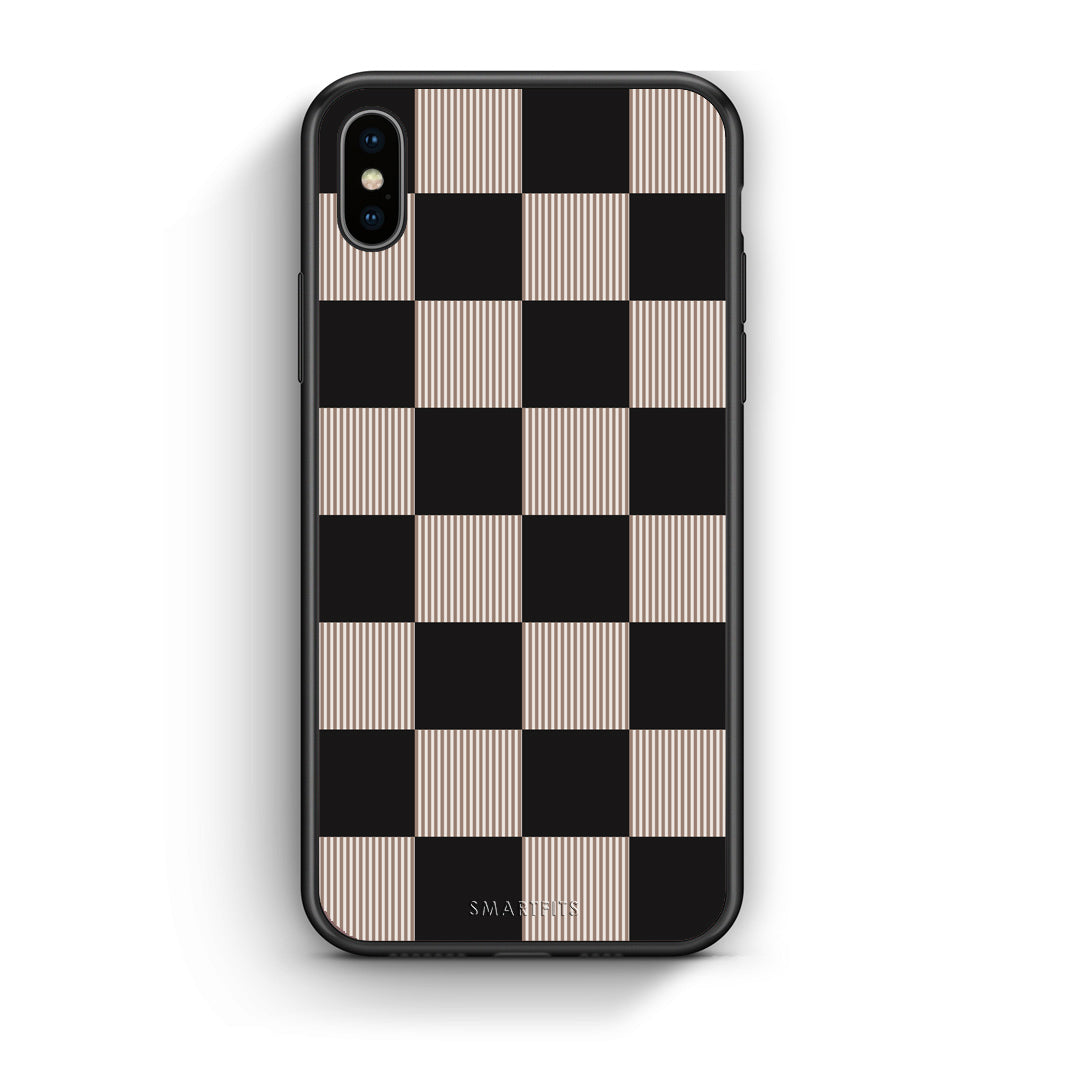 Θήκη iPhone Xs Max Black and Taupe Striped Checks από τη Smartfits με σχέδιο στο πίσω μέρος και μαύρο περίβλημα | iPhone Xs Max Black and Taupe Striped Checks case with colorful back and black bezels