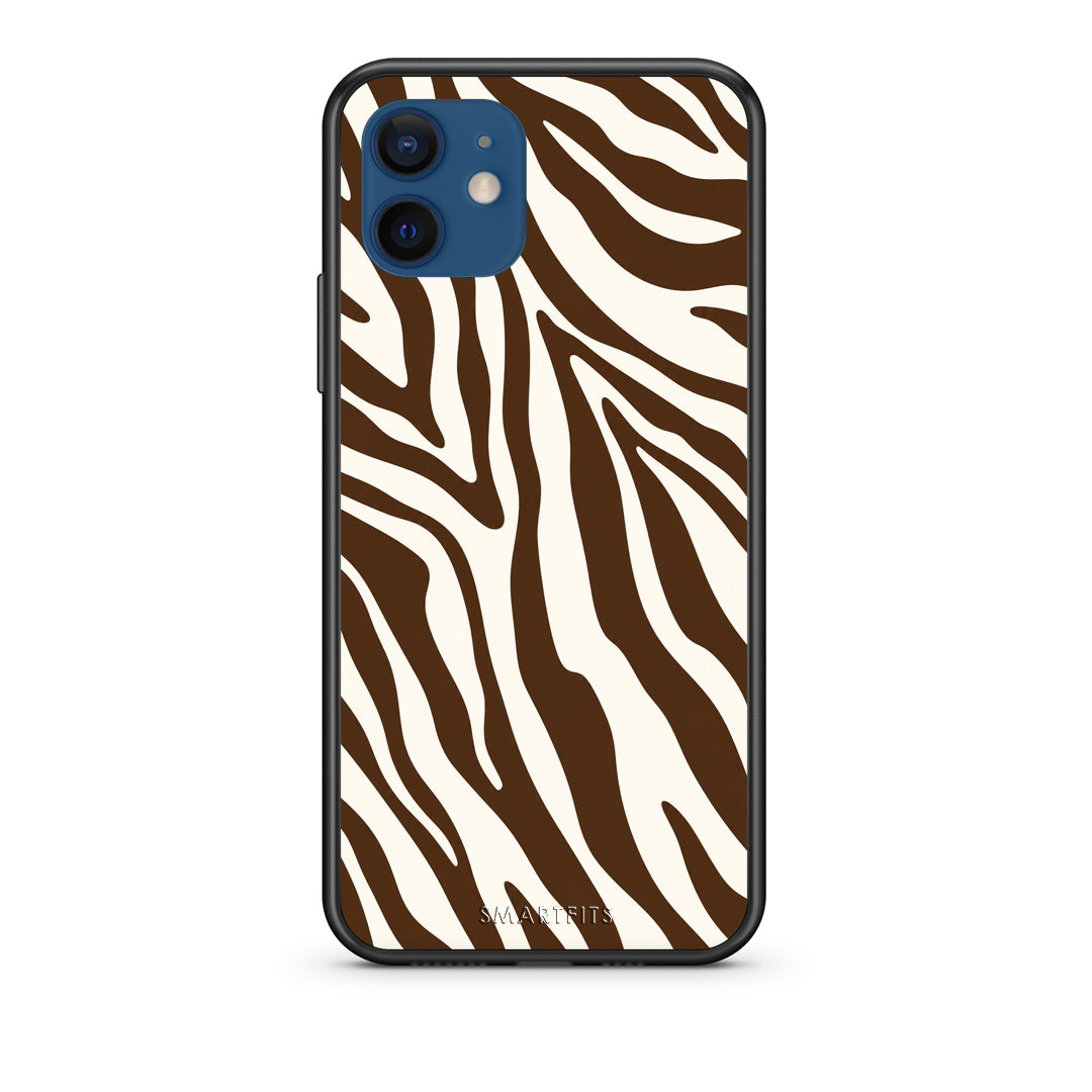 Θήκη iPhone 12 Brown and Cream Zebra Stripes από τη Smartfits με σχέδιο στο πίσω μέρος και μαύρο περίβλημα | iPhone 12 Brown and Cream Zebra Stripes case with colorful back and black bezels