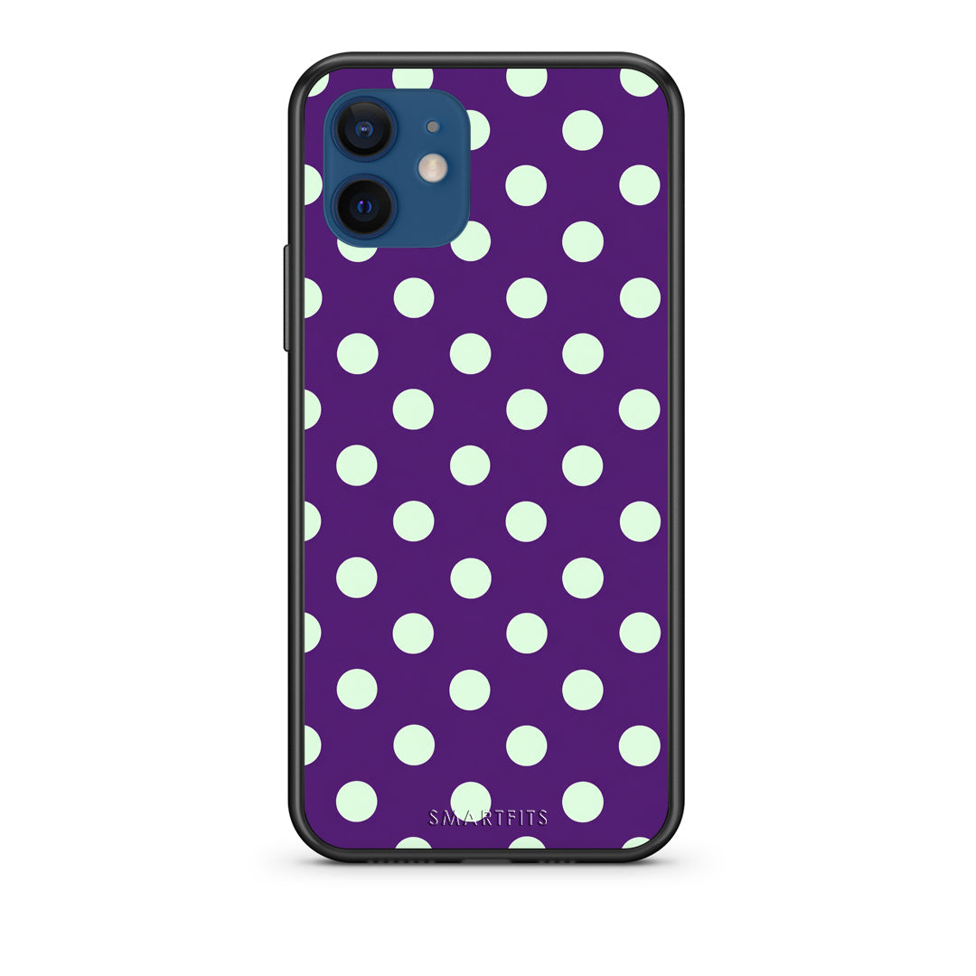Θήκη iPhone 12 Mint Polka Dots on Purple από τη Smartfits με σχέδιο στο πίσω μέρος και μαύρο περίβλημα | iPhone 12 Mint Polka Dots on Purple case with colorful back and black bezels