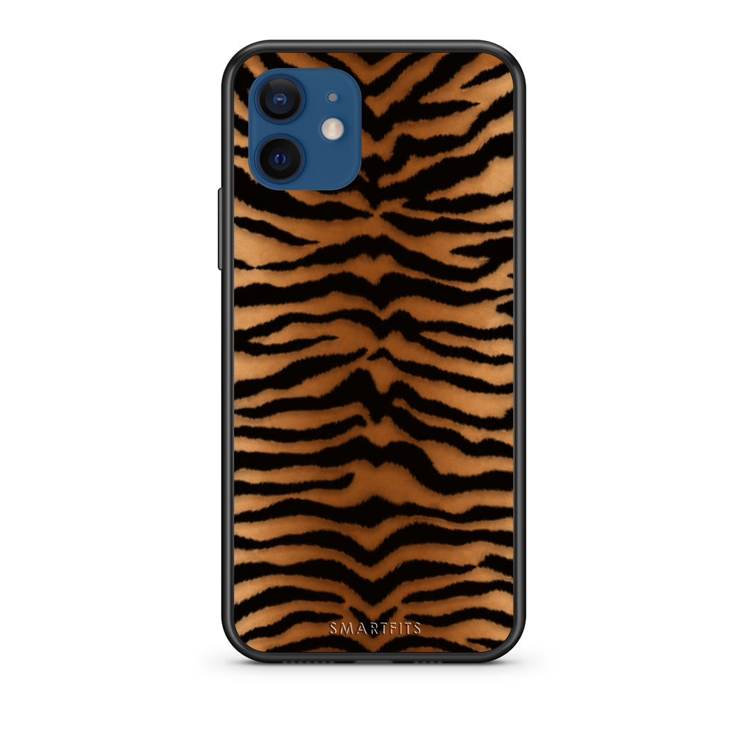 Θήκη iPhone 12 Tiger Print Orange and Black από τη Smartfits με σχέδιο στο πίσω μέρος και μαύρο περίβλημα | iPhone 12 Tiger Print Orange and Black case with colorful back and black bezels